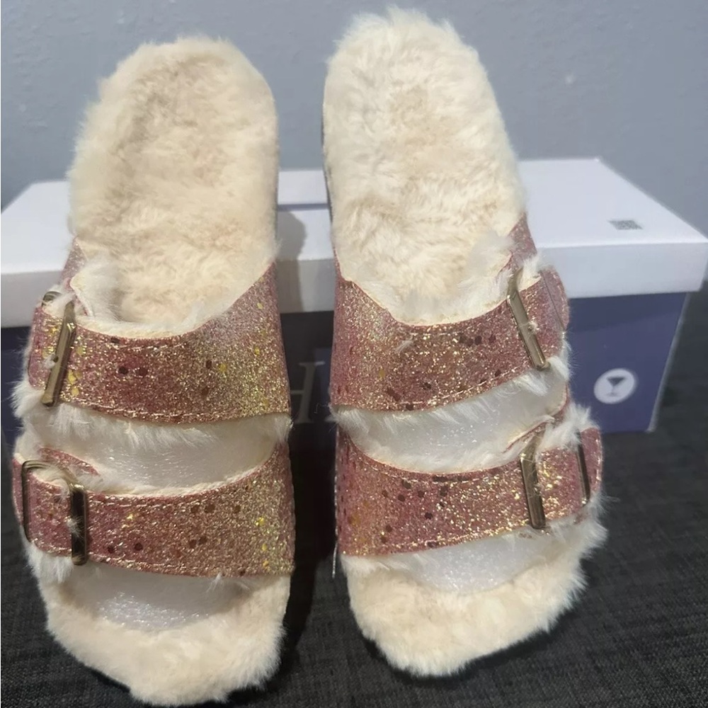 H2K Sandals Womens Two Buckle Straps Slide Flats Comfort Gold Pink Size 7